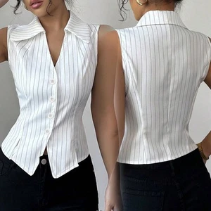 Fashion Women's Casual Striped Shirt Sleeveless V Neck Spring Wear - Picture 1 of 39