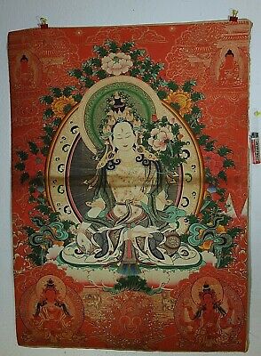 Altes Weiße Tara Medizin Buddha Thangka Seide A. Papier Micro Malerei Tibet 1970 • 138€
