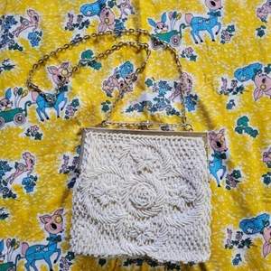 Vtg 60s Kiss Lock Frame Beaded Bridal Evening Cocktail Chain Bag Clutch Handbag - Picture 1 of 11