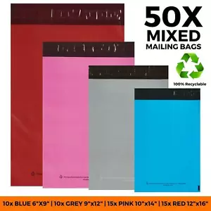 More details for 50 mixed mailing plastic bags poly postage parcel bag grey pink blue in 4 sizes