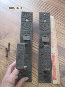 Set Brass Antique Eastlake Victorian Door Handle w Thumb Latch - Inside/Outside - Picture 1 of 7