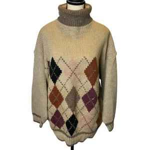 Suéter de cuello alto Argyle vintage Midnight Blues para mujer grande tejido a mano - Imagen 1 de 10