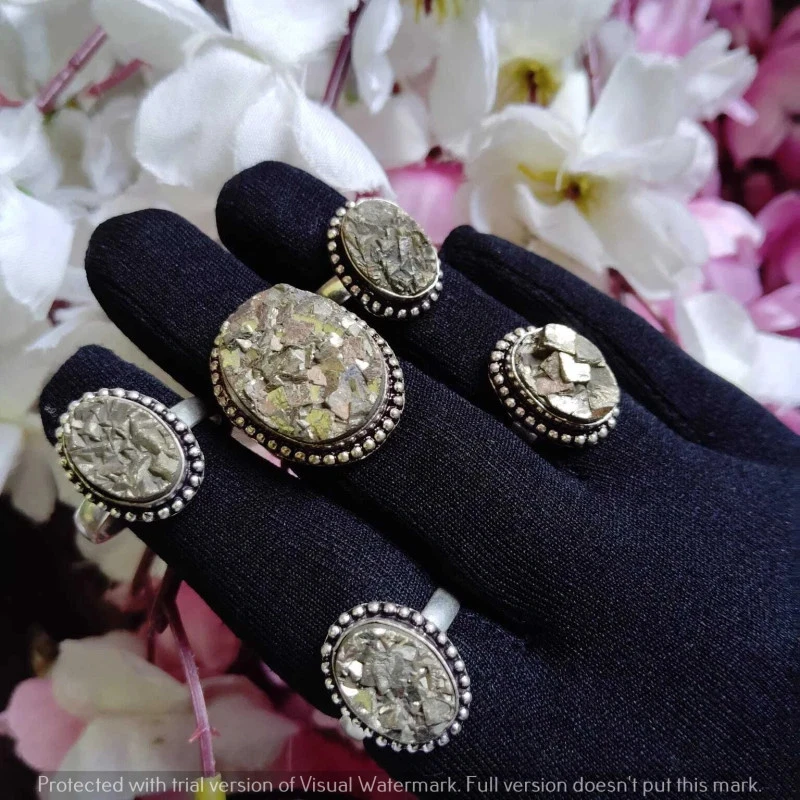 Lote atacado de 200 anéis de pedra preciosa pirita drusa lote 925 joias folheadas a prata - Imagem 1 de 1