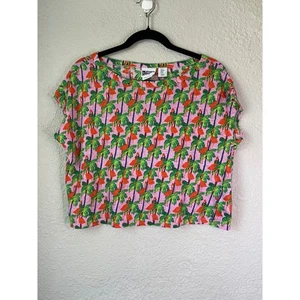 Bouffants & Broken Hearts Linen Flamingo Palm Tree Print Crop Top - Picture 1 of 3