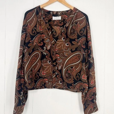 ALC Womens Racci Print Silk Blouse Sheer Long Sleeve Paisley Size Medium Brown  - Image 1 of 4