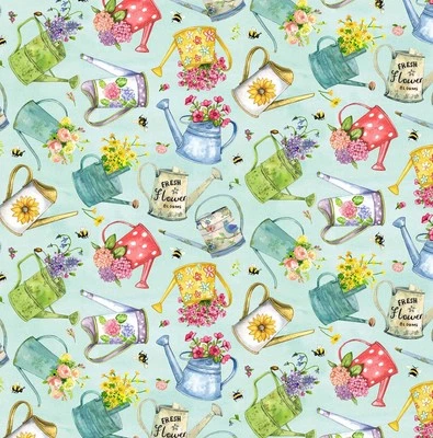 Fat Quarter Michael Miller Watering Can Gardening Floral 100% Cotton Fabric - Image 1 of 4