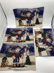 Vintage 90er Y2K Urlaub Gobelin Tischsets 4er Set Weihnachten Bär Skifahrer Schneemann - Bild 1 von 8