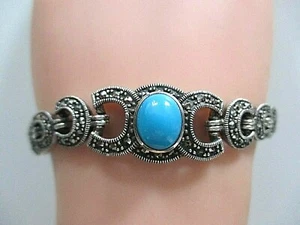 SILBER ARMBAND ° 925 / 1000 ° Silberschmuck °Türkisfarbener Stein / Markasite °  - Picture 1 of 11