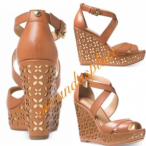 Michael Kors Sienna Floral Espadrille Leather Acorn-Gold Wedge Sandals Size 9.5M - Picture 1 of 10