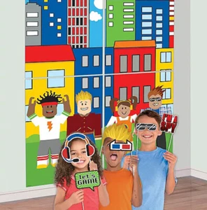 PARTY TOWN Gamer Scene Setter BIRTHDAY party BACKDROP w/12 photo props City  - Picture 1 of 2