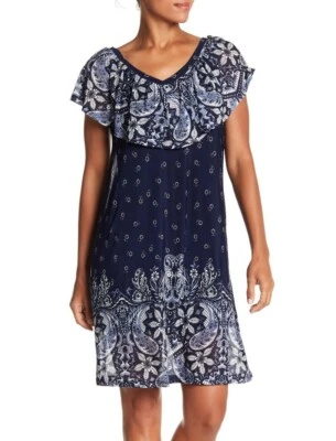 Democracy 157658 Women's Double V Neck Ruffle Dress Short Sleeve Blue Sz. Medium - Image 1 of 3