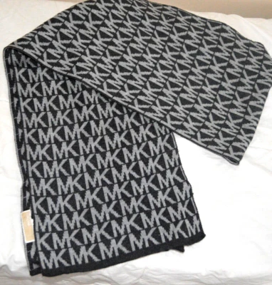 MICHAEL KORS ACRYLIC SCARF MK MONOGRAM DESIGN Dark Gray KNIT VGC - Image 1 of 4