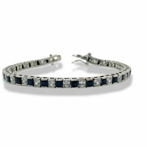 White Gold Finish Princess Cut Black Onyx Created Diamond Tennis Bracelet - Picture 1 of 4