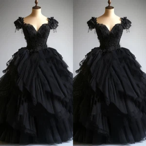 Gothic Wedding Dresses Off Shoulder Lace Appliques A Line Ruffles Bridal Gowns - Picture 1 of 9