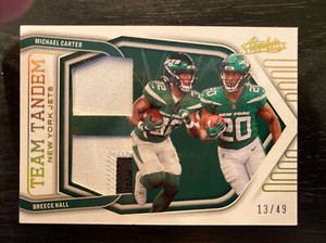 Breece Hall / Michael Carter 2022 Absolute TEAM TANDEMS GOLD DUAL PATCH 13/49!