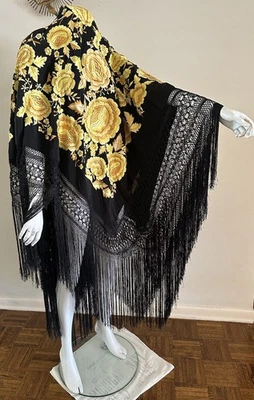 Antiguo Mantón Piano Negro Bordado Flamenco Manila Cantón Floral Flecos De Colección Foto 1 de 4
