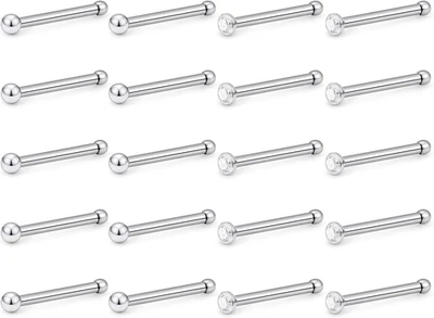 Tachuelas de anillo para nariz 22G 20 piezas acero quirúrgico hueso nariz anillos pasador diamante transparente circonita cúbica Pi Foto 1 de 3