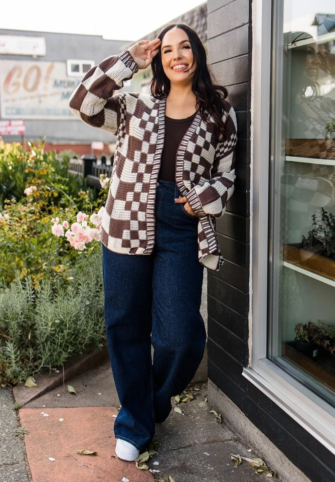 Cárdigan Trending Grande Todo Acogedor Marrón/Crema Cuadros L Foto 1 de 4