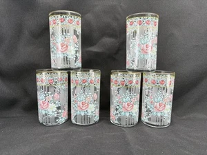 Set Of 6 Vintage Country Rose Patterned Juice Glasses Gold Trim 6 oz Pink/Blue - Picture 1 of 8