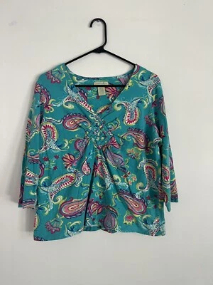 Caribbean Joe Shirt Womens XL Turquoise Paisley Yellow Blue Cotton Blend Stretch - Image 1 of 3