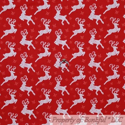 BonEful FABRIC FQ Cotton Quilt Red White Tan Brown Reindeer Xmas Stripe Holiday - Image 1 of 4