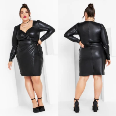 NWT City Chic Black Faux Leather Plunge Knee Length Dress 18 - Image 1 of 4