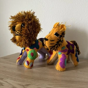 Mexican Folk Art Handmade Lion & Cub Colorful Stuffed Animals Embroidered Plush - Picture 1 of 17