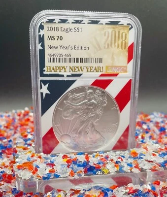 2018 $1 Silver Eagle NGC MS70 Rare New Year's Edition American Flag Holder Mint - Image 1 of 4