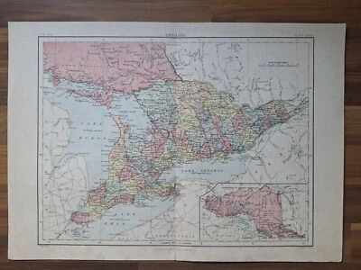 Antique Color Map Of Ontario Canada Studio Office Decor 1880s - Image 1 of 4