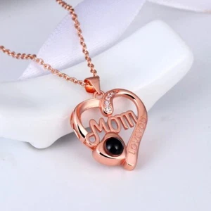 Rose Gold Mom Heart Necklace 100 Languages I Love You Projection Gift Jewelry - Picture 1 of 2