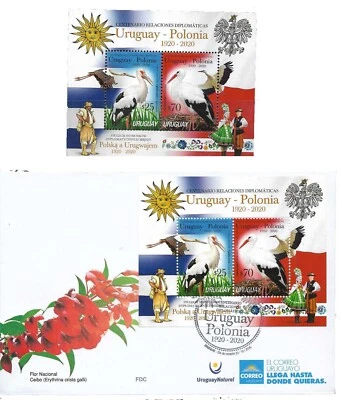 #35016C URUGUAY 2020 POLAND-URUGUAY DIPL REL.100° BIRDS S/S YV BL 141 MNH+FDC - Image 1 of 3