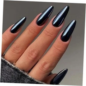 24 Pcs Coffin Press on Nails Long, Sunjasmine Fake Nails Glue on Chrome Black - Picture 1 of 6