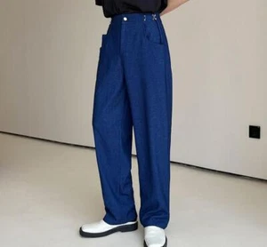 Men Autumn Fashion Metal Decor Loose Suit Collar Suit Pants Youth Denim Trousers - Picture 1 of 14