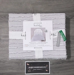 New NICOLE MILLER Grey Stripe QUEEN Duvet Cover & Shams Set 3PC Cotton - Picture 1 of 8