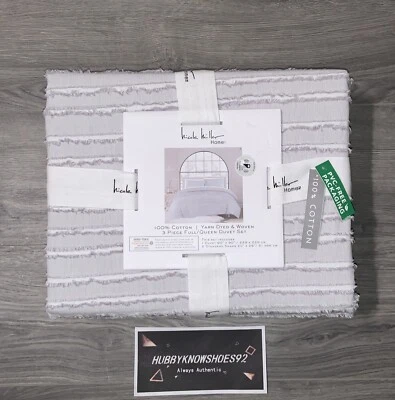 New NICOLE MILLER Grey Stripe QUEEN Duvet Cover & Shams Set 3PC Cotton - Image 1 of 4