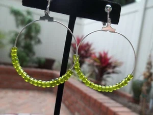 Gorgeous Green/Yellow Small Glass Beads on Hoop Dangling Clip On Earrings - Picture 1 of 4