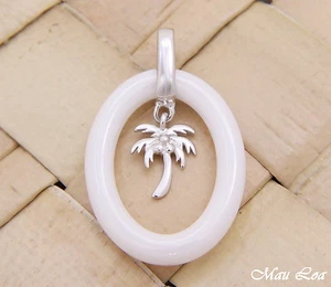 925 Sterling Silver Rhodium Hawaiian Palm Tree White Ceramic Oval Pendant - Picture 1 of 2