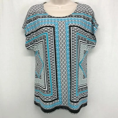 Chicos EasyWear Top Size 0 Stretchy Black Blue Geometric Short Sleeve Womens S - Image 1 of 4