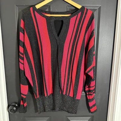 Joseph A 女式红色黑色毛衣中号条纹珠光孔眼节日 — 第 1/4 张图片