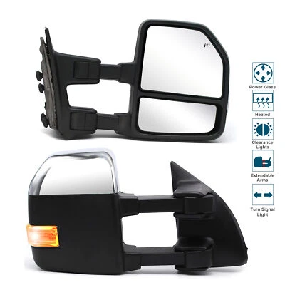 Towing Mirrors For 99-16 Ford F-450 F550 Super Duty Power Heat Signal Chrome Cap - Imagem 1 de 4