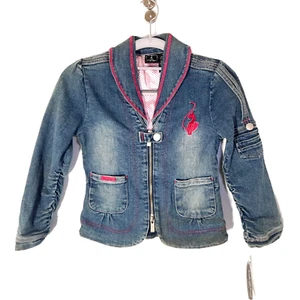 Y2K Baby Phat Girl Jacket 6X Utility Denim Embroidered Ruched Zip Stretch Cinch - Picture 1 of 16
