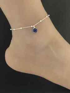 Blue Sapphire 18K White Gold Over Beaded 10" Anklet Beach Wedding Barefoot Gift