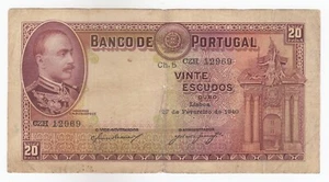 Portugal, 20 Escudos, 1940, P143, en estado bastante bueno, usado según escaneo - Imagen 1 de 2