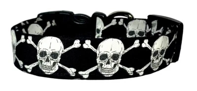 Black & White Glow In The Dark Skulls Handmade Dog Collar - NOT ELECTRONIC/LED