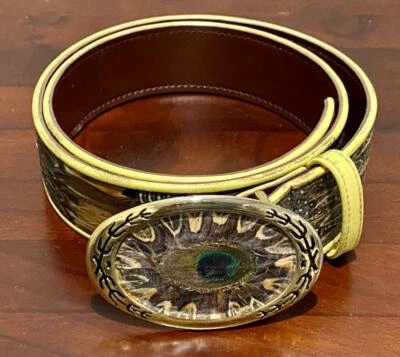Genuine Peacock Feather Belt & Buckle with Gold Trim Women's Size M / L - Image 1 of 2