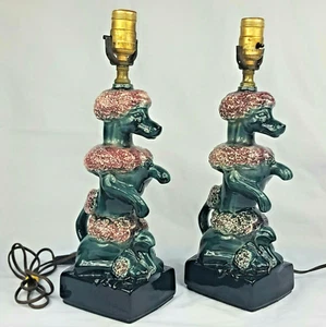 Poodle Table Lamps Vintage PAIR Blue/Burgandy/Black Glaze Ceramic KItsch Dog 12" - Picture 1 of 12