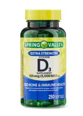Cápsulas blandas suplementos de vitamina D3 Spring Valley - 5000iu (250 unidades) Foto 1 de 4