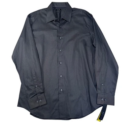 APT 9 Mens Modern Fit Long Sleeve Dress Shirt Gray Striped 100% Cotton Size L - Image 1 of 4
