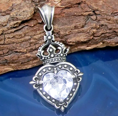Cuore Con Corona Ciondolo 925 Argento Sterling Con Pietra Chiara Donna - Immagine 1 di 4