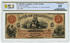 NC-30-G12a $5 años 1859-60 Lexington, NC Bank Of Lexington Ch F15 graduación profesional 950414-43 - Imagen 1 de 3